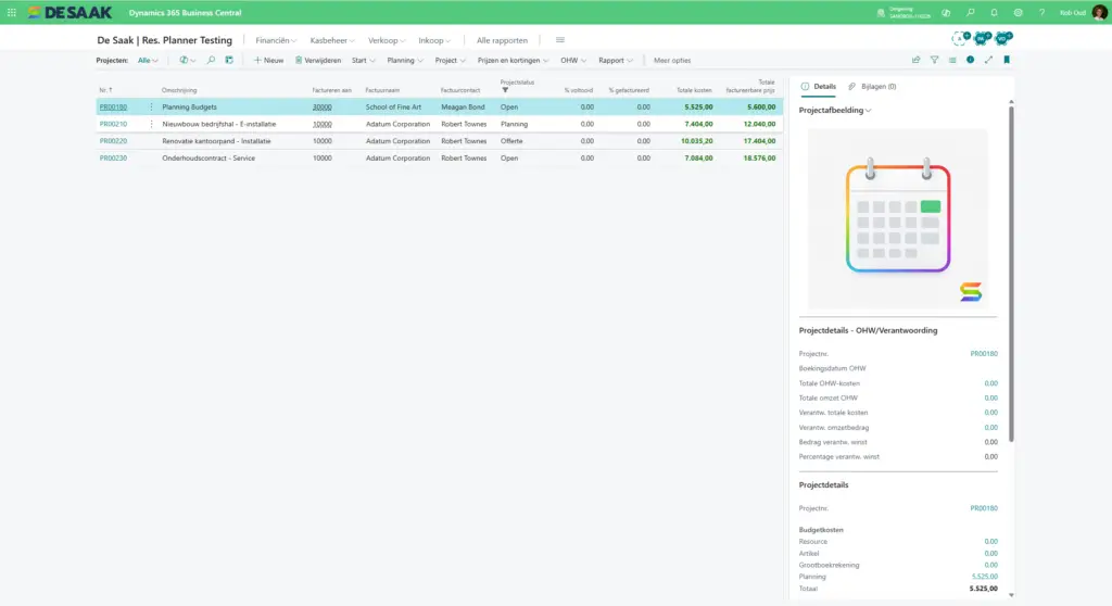 Projectoverzicht in Business Central met status, projectafbeelding en kleurcodes