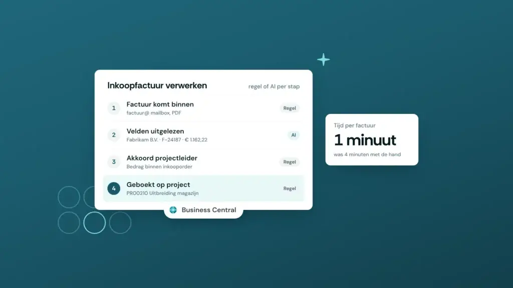 Bedrijfsprocessen automatiseren, een inkoopfactuur in vier stappen met per stap regel of AI, geboekt op project PR00210 in Business Central