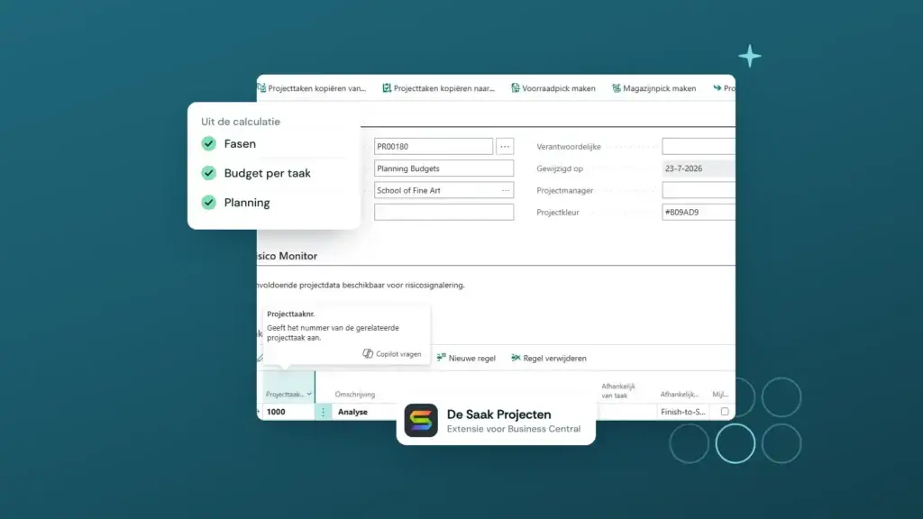 Projectkaart in De Saak Projecten met fasen, budget en planning uit de calculatie