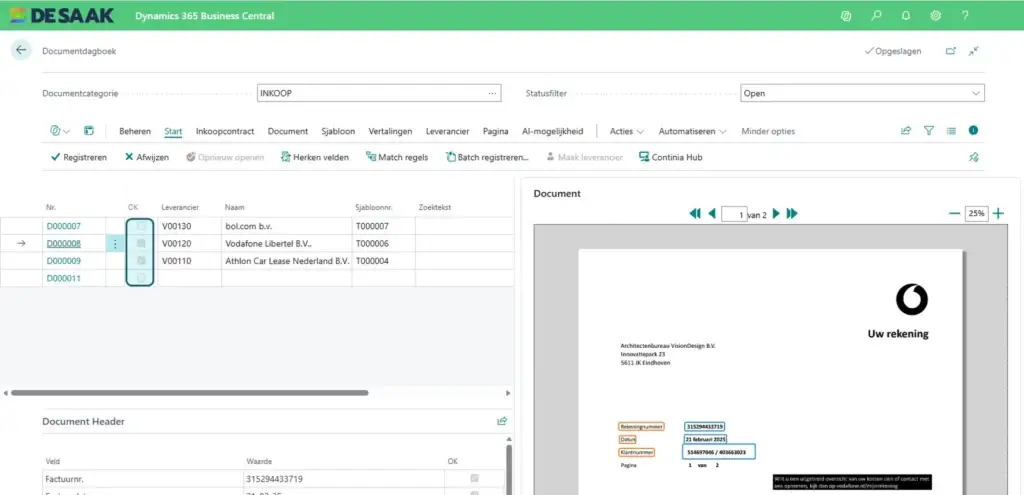 Documentenjournaal van Continia Document Capture met binnengekomen inkoopfacturen in Business Central