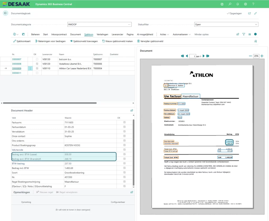 Herkende bedragen van een inkoopfactuur naast het originele document in Continia Document Capture