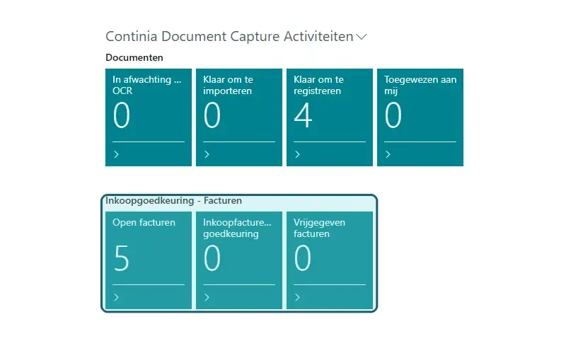 Tegels voor inkoopgoedkeuring van facturen in het rolcentrum van Continia Document Capture
