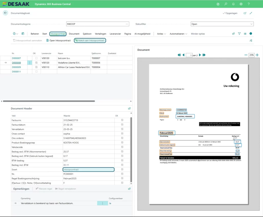 Inkoopfactuur matchen aan een inkoopcontract in het documentenjournaal van Continia Document Capture