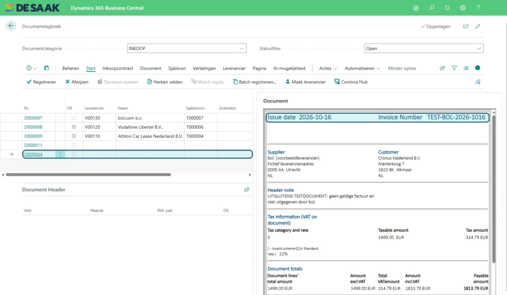 Binnengekomen e-factuur in XML met de gegevens van de factuur in het documentenjournaal van Continia Document Capture