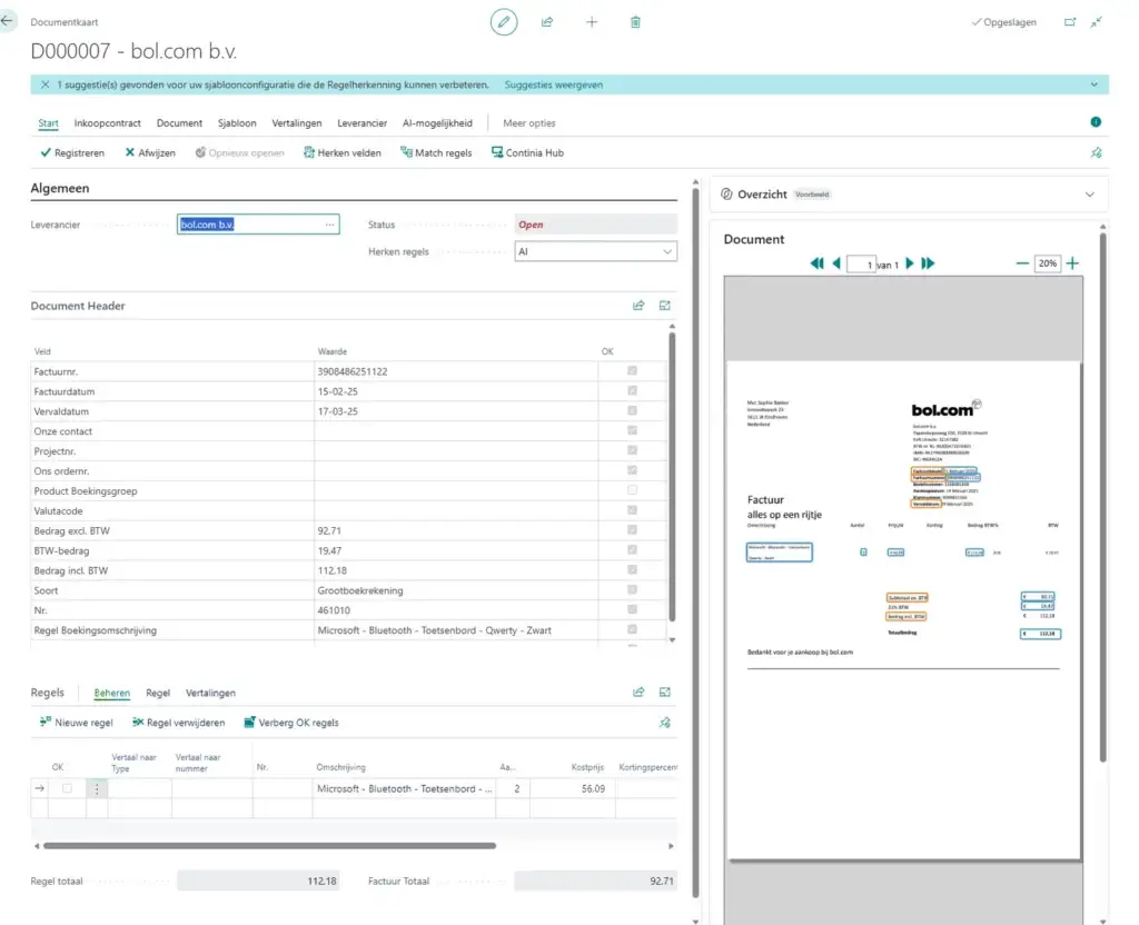 Documentkaart in Business Central met de herkende factuurvelden naast de originele factuur in Continia Document Capture