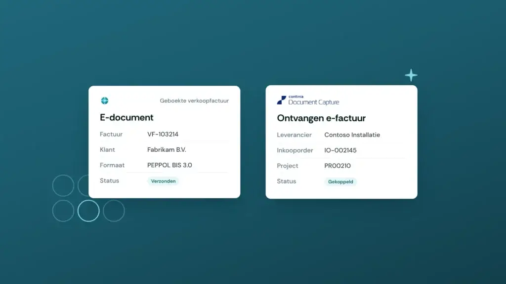 E-factuur in Business Central: een verkoopfactuur verzonden als PEPPOL BIS 3.0 e-document en een ontvangen e-factuur in Continia Document Capture gekoppeld aan een project