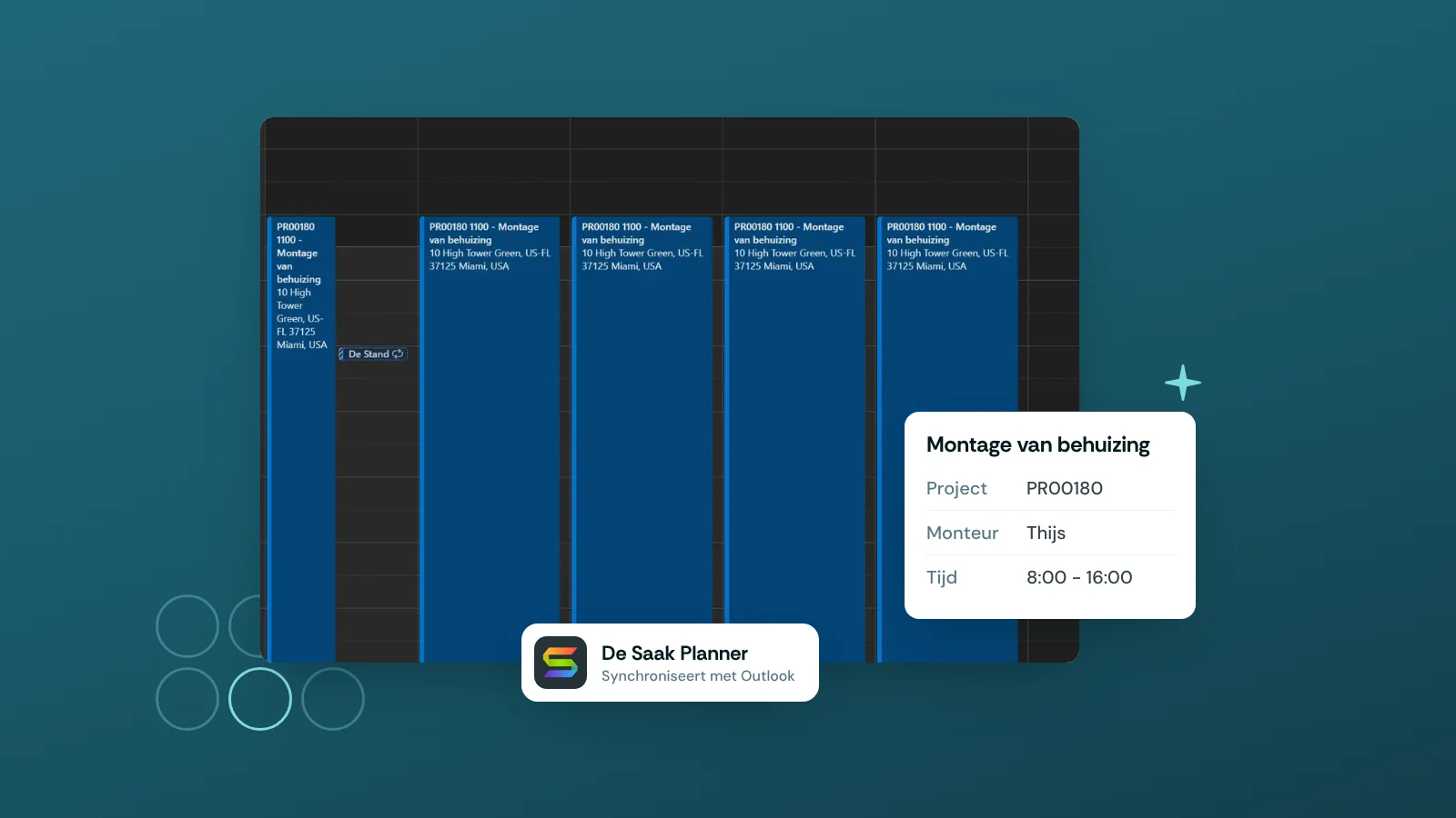 Werkbon voor een monteur in de Outlook-agenda, gesynchroniseerd met De Saak Planner